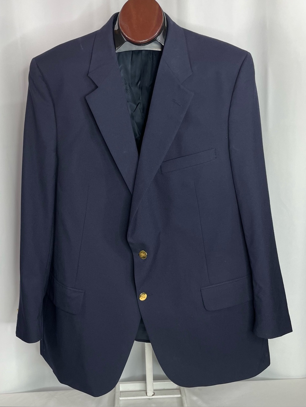 Vintage Burberrys Navy 100% Pure Wool Blazer 48 Long Gold Knight Buttons USA